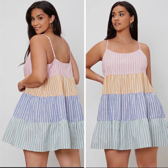 SHEIN Dresses & Skirts - Women's Plus Size Striped Colorblock Spaghetti Strap Ruffle Hem Cami Dress
